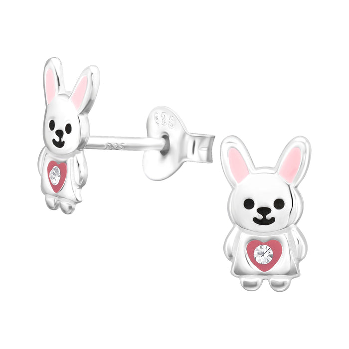 Joy|S - Zilveren konijn oorbellen - zilver roze met roze hartje - 5.3 x 9 mm - kristal - kinderoorbellen
