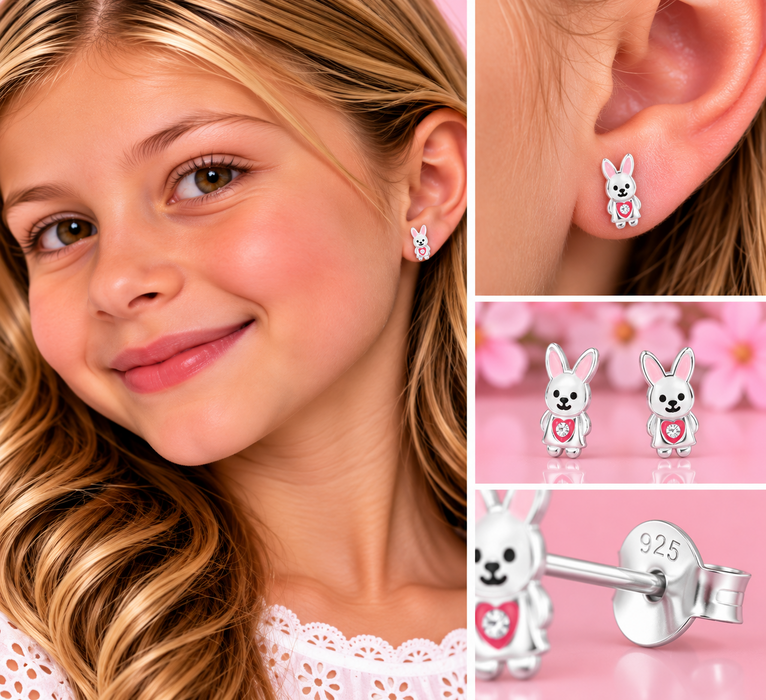 Joy|S - Zilveren konijn oorbellen - zilver roze met roze hartje - 5.3 x 9 mm - kristal - kinderoorbellen