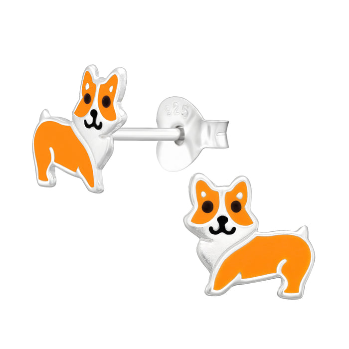 Joy|S - Zilveren hond oorbellen - 7.8 x 7.6 mm - zilver met oranje / bruin - kinderoorbellen