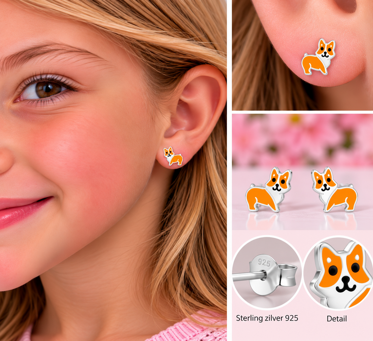 Joy|S - Zilveren hond oorbellen - 7.8 x 7.6 mm - zilver met oranje - hondje kinderoorbellen - sterling zilver 925