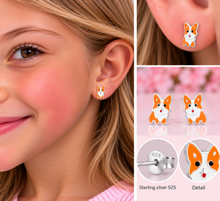 Joy|S - Zilveren hond oorbellen - 6.3 x 8.4 mm - kinderoorbellen - hondje oorknoppen - oranje wit - kinderoorbellen