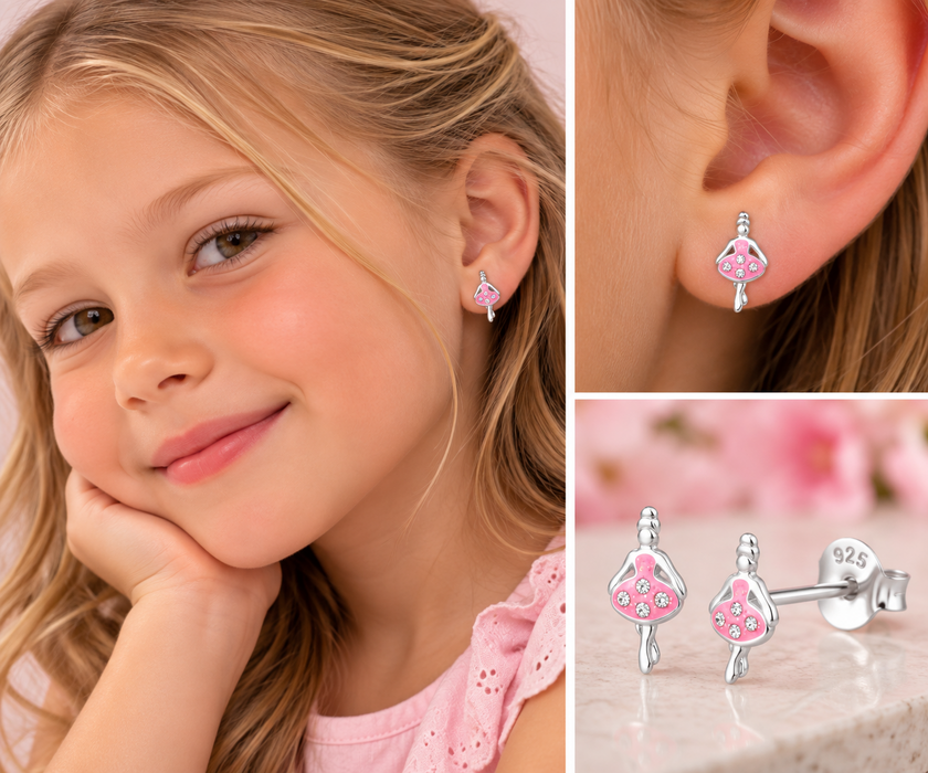 Joy|S - Zilveren ballerina danseres oorbellen - zilver roze met glittertjes en kristalletjes - 6 x 11 mm - kinderoorbellen