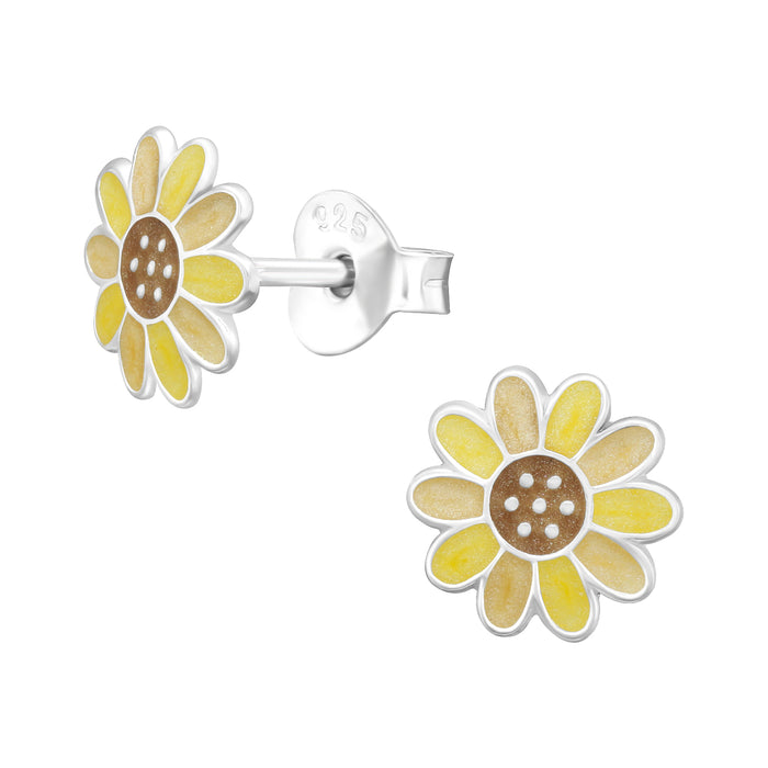 Joy|S - Zilveren bloem oorbellen - 8 mm - gele zonnebloem oorknoppen