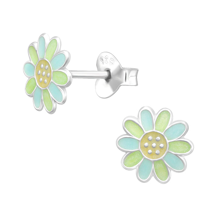 Joy|S - Zilveren bloem oorbellen - 8 mm - blauw groene zonnebloem oorknoppen