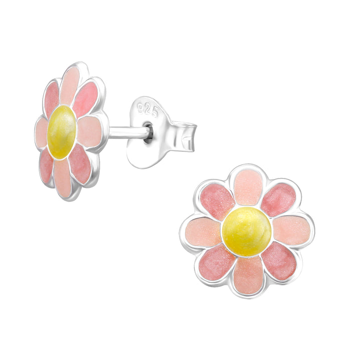 Joy|S - Zilveren madeliefje bloem oorbellen - 9 mm - pastel roze met geel