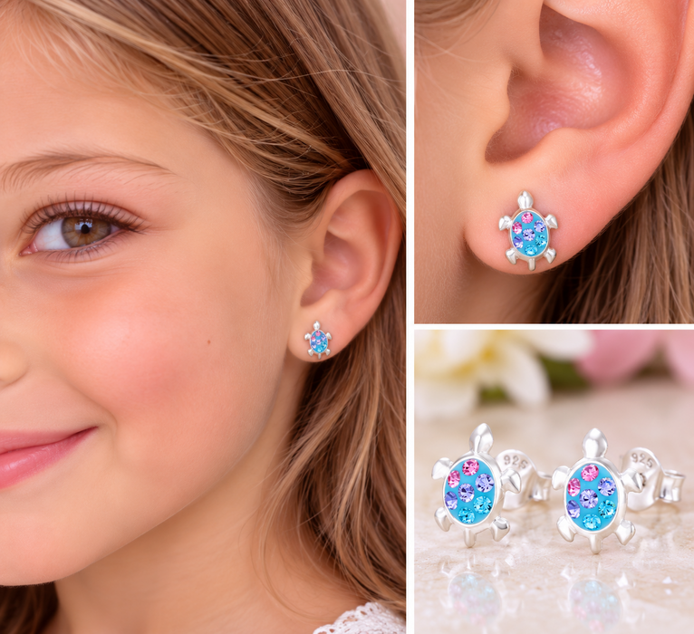 Joy|S - Zilveren schildpad oorbellen - 9 x 11 mm - zilver blauw met gekleurde kristalletjes - kinderoorbellen