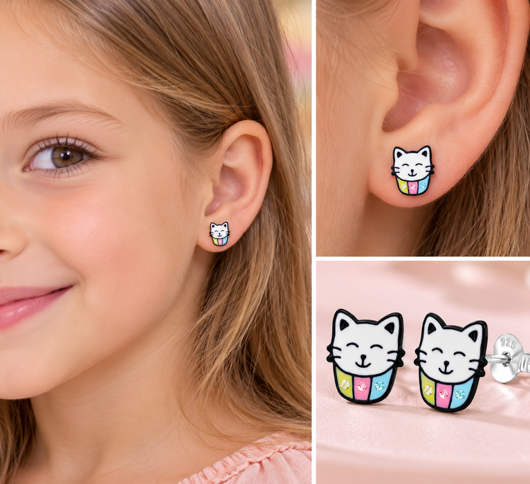 Joy|S - Zilveren kat in cupcake oorbellen - 8 x 9 mm - kristal - kinderoorbellen