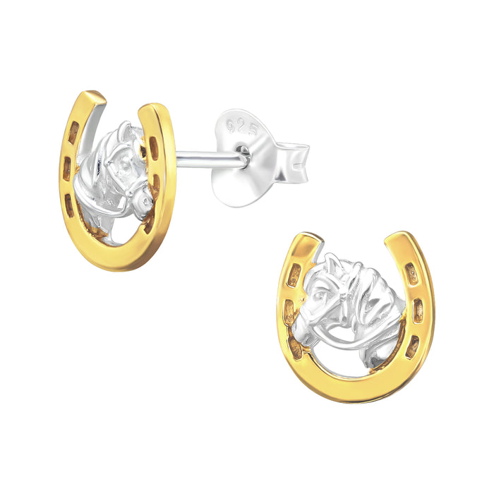 Joy|S - Zilveren paard hoefijzer oorbellen - 7.5 x 8 mm - zilver paardenhoofd en goudplating hoefijzer