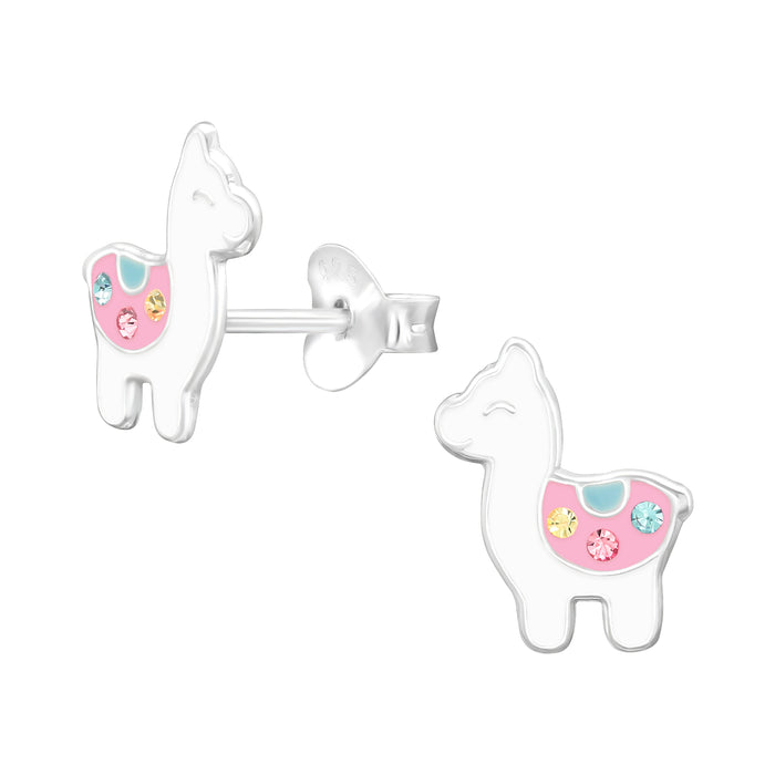 Joy|S - Zilveren alpaca lama oorbellen - 8 x 10 mm - wit roze - kristal - kinderoorbellen
