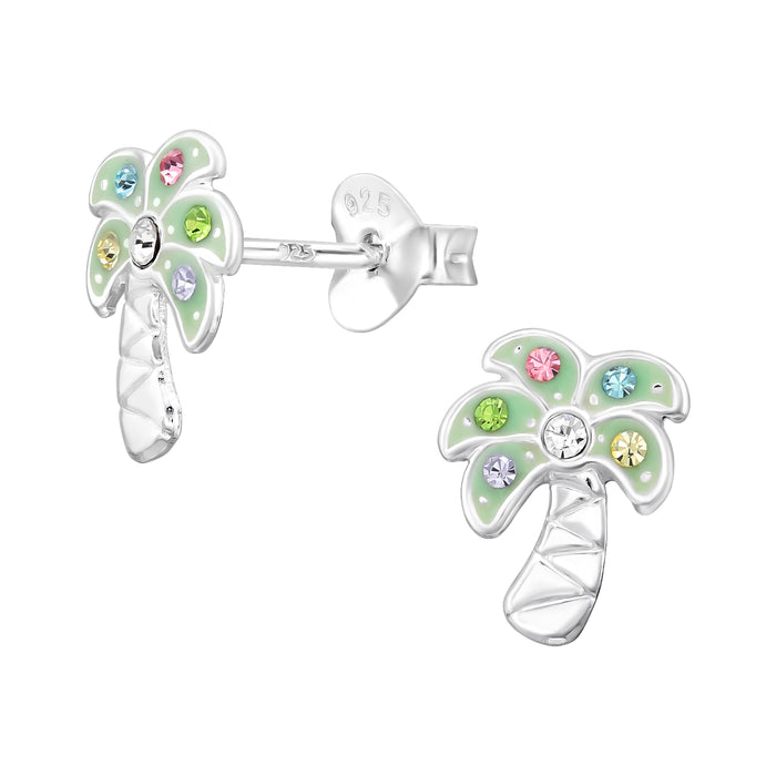 Joy|S - Zilveren palmboom oorbellen - 7 x 9.5 mm - zilver met gekleurde kristalletjes - kinderoorbellen