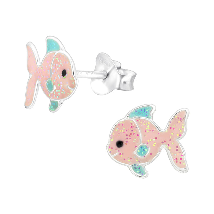 Joy|S - Zilveren vis oorbellen - 8 x 9 mm - roze blauw met glitters - kinderoorbellen