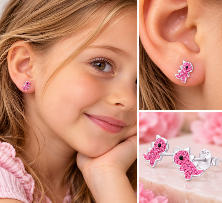 Joy|S - Zilveren dino oorbellen - 6 x 7 mm - roze - dinosaurus oorknoppen
