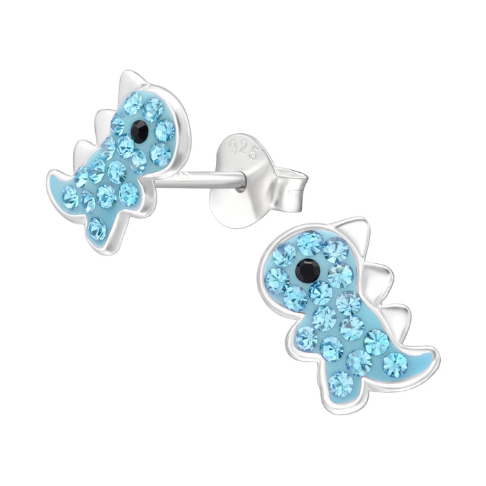 Joy|S - Zilveren dino oorbellen - 6 x 7 mm - blauw - dinosaurus oorknoppen