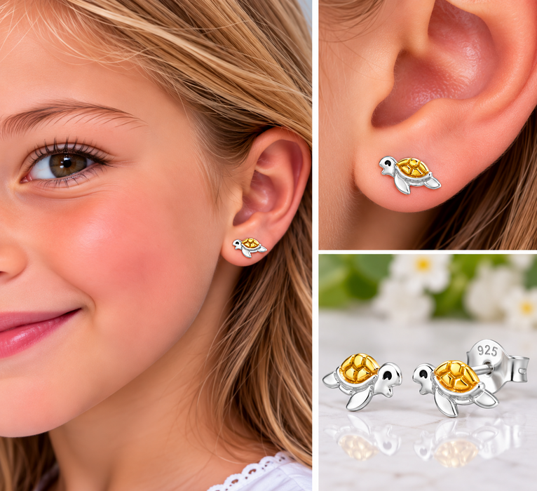 Joy|S - Zilveren schildpad oorbellen - 5 x 9.5 mm - zilver / schild goudplating - kinderoorbellen