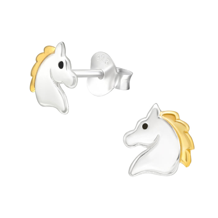 Joy|S - Zilveren paard oorbellen - 7 mm - zilver met goudplating manen - paardenhoofd oorknoppen