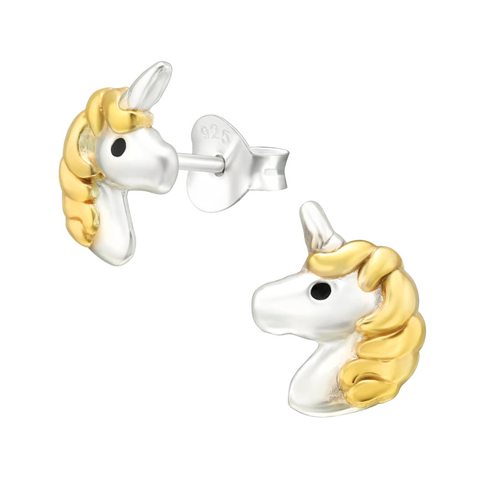 Joy|S - Zilveren eenhoorn oorbellen - 7 x 9.5 mm - zilver met goudplating manen - unicorn oorknoppen