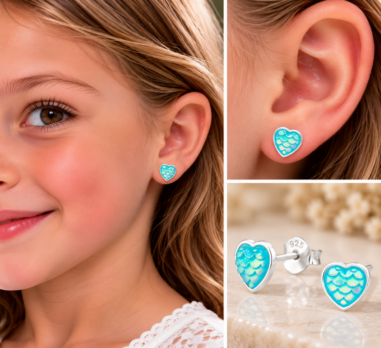 Joy|S - Zilveren hartje oorbellen - met glinsterende zeemeermin schubben blauw - 8 mm - kinderoorbellen