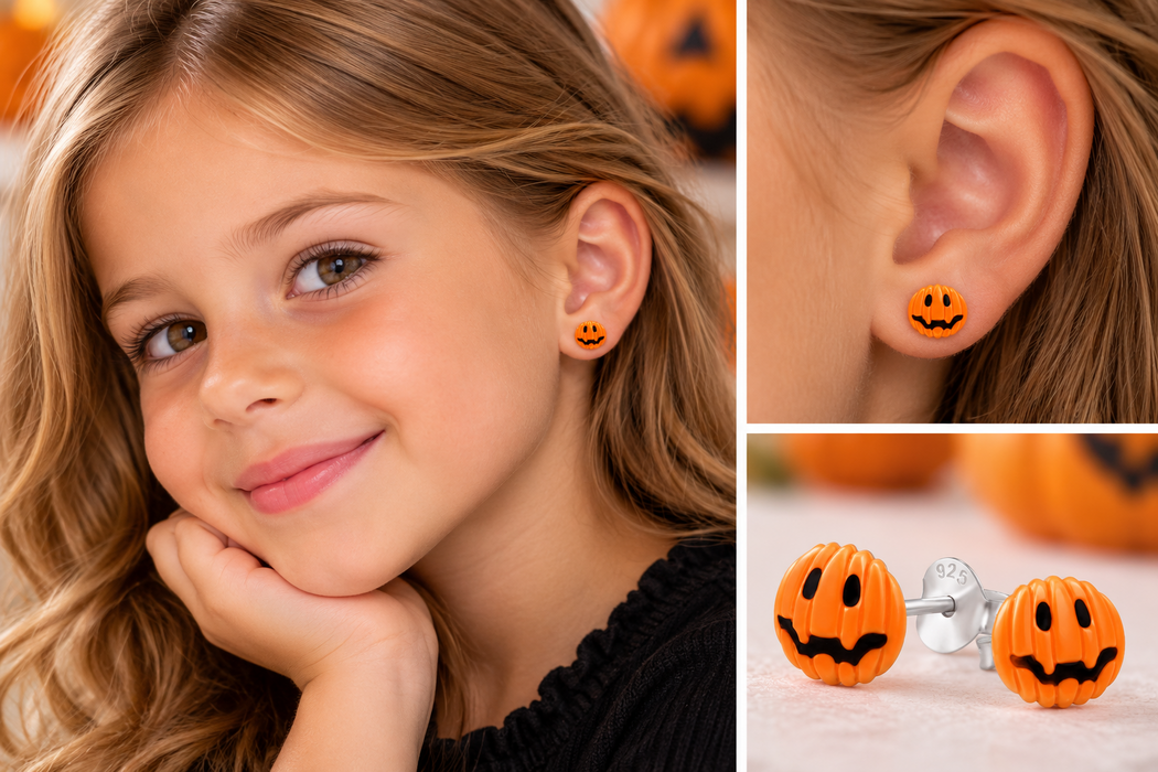 Joy|S - Zilveren halloween oorbellen - pompoen - 8.3 x 7.2 mm - kinderoorbellen