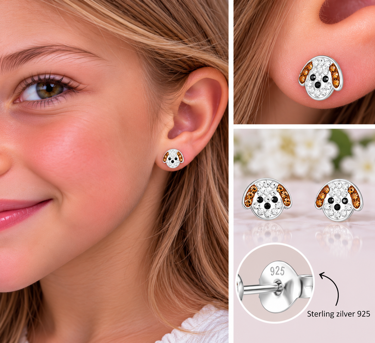 Joy|S - Zilveren hond oorbellen - 8.6 x 6.5 mm - kristal - kinderoorbellen