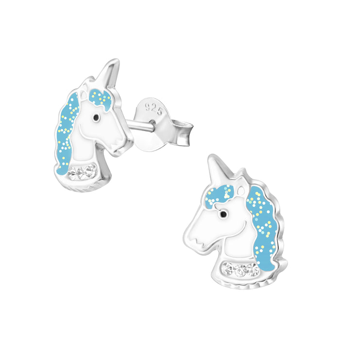 Joy|S - Zilveren eenhoorn oorbellen - 8.1 x 11.5 mm - wit blauw - kristal - unicorn kinderoorbellen