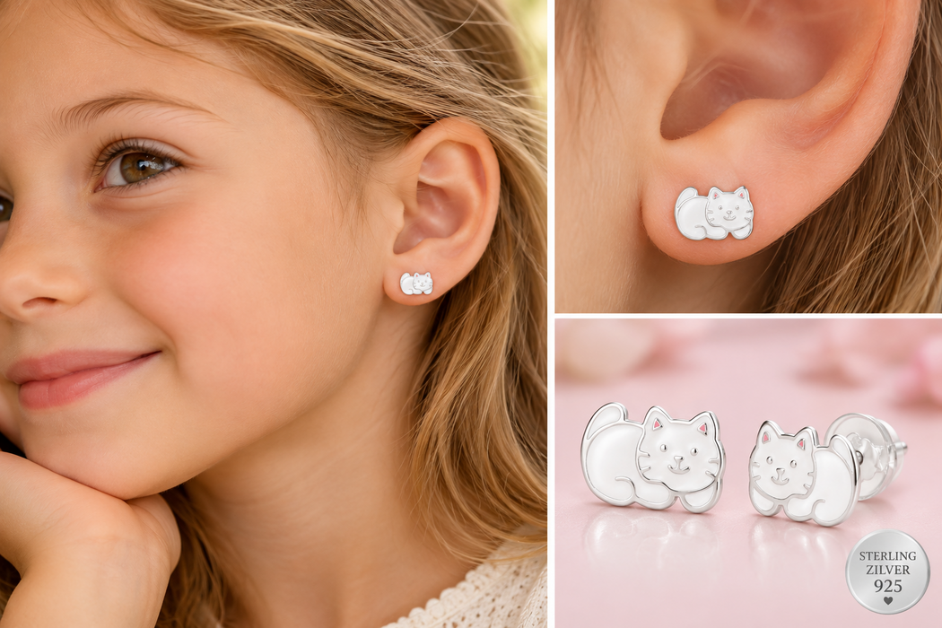 Joy|S - Zilveren kat poes oorbellen - 9.3 x 6.5 mm - wit met roze oortjes - kinderoorbellen - extra zachte sluiting (vlindersluiting met siliconen omhulsel)