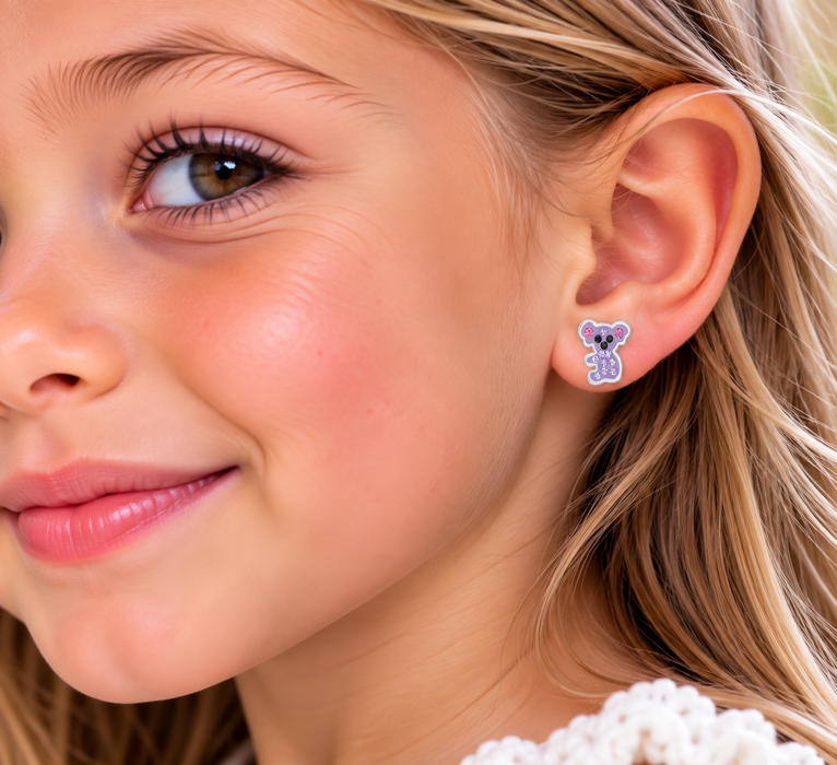 Joy|S - Zilveren koala oorbellen - 8 x 9 mm - paars met paarse kristalletjes - kinderoorbellen