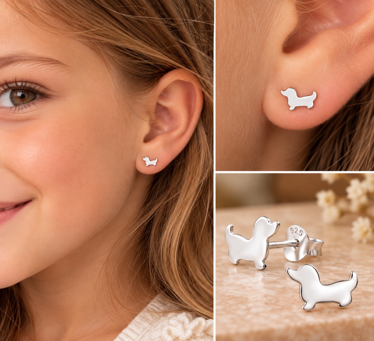 Joy|S - Zilveren hond oorbellen - teckel - 9.5 x 6.7 mm - egaal zilver - kinderoorbellen