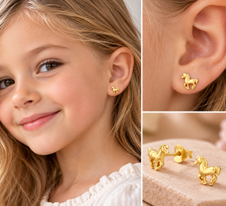Joy|S - Zilveren paard oorbellen - 6 x 7 mm - pony / veulentje - oorknoppen - goldplated - kinderoorbellen