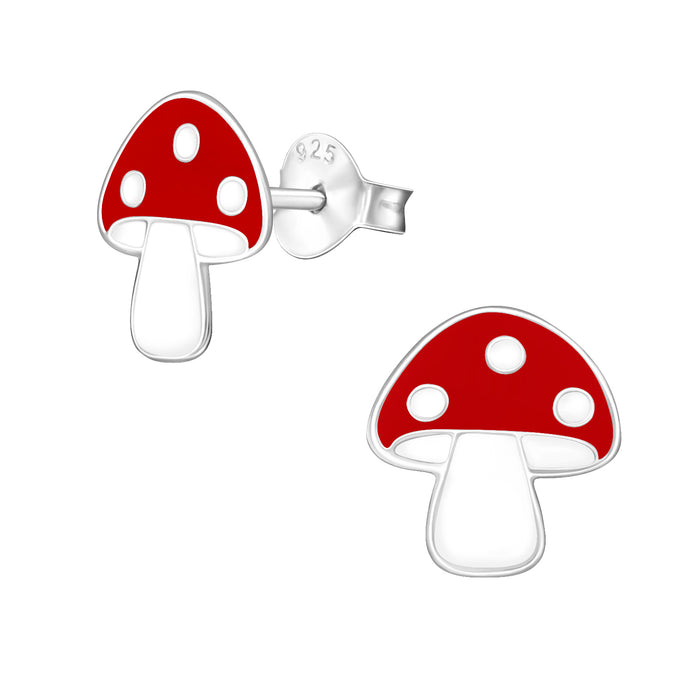 Joy|S - Zilveren paddenstoel oorbellen - 9 x 10 mm - rood met witte stippen - kinderoorbellen