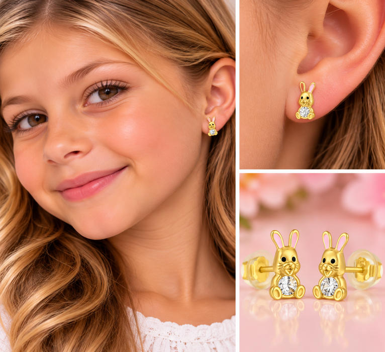 Joy|S - Zilveren konijn oorbellen - zirkonia - met roze oortjes - 4.9 x 8.5 mm - goudplating - kinderoorbellen met siliconen vlinder sluiting