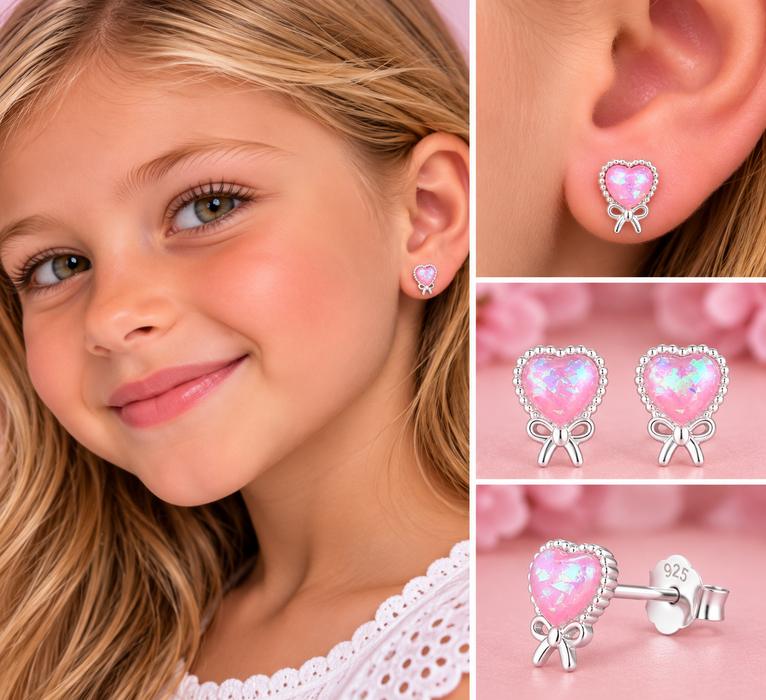 Joy|S - Zilveren hartje oorbellen - roze opaal - met strikje - 5.4 x 7.3 mm - kinderoorbellen met siliconen vlinder sluiting
