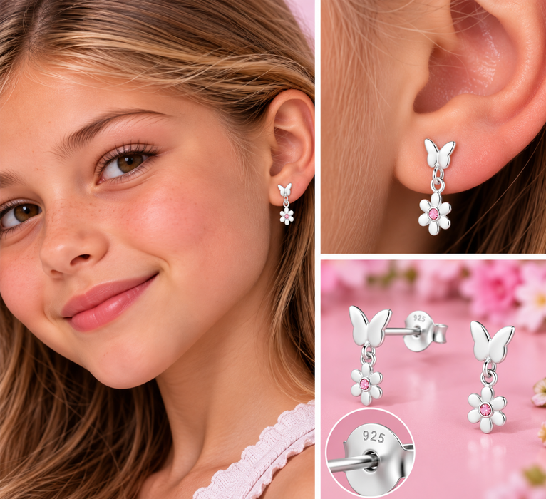 Joy|S - Zilveren vlinder met bloem bedel oorbellen - 6 x 15 mm - roze kristalletje - kinderoorbellen - sterling zilver 925