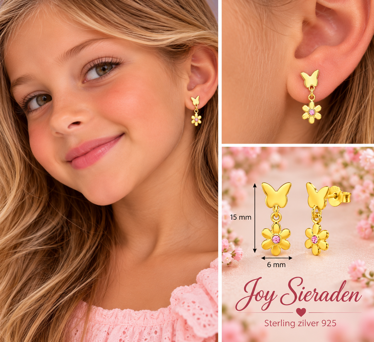 Joy|S - Zilveren vlinder met bloem bedel oorbellen - 6 x 15 mm - roze kristalletje - kinderoorbellen - goudplating / goldplated