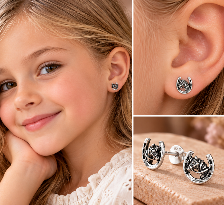 Joy|S - Zilveren paard met hoefijzer oorbellen - 6 x 6.5 mm - geoxideerd - t74 - kinderoorbellen