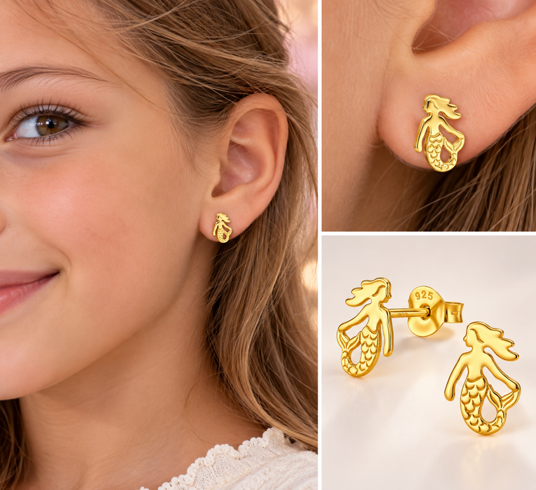 Joy|S - Zilveren zeemeermin oorbellen - 5.8 x 9.1 mm - goudplating / goldplated