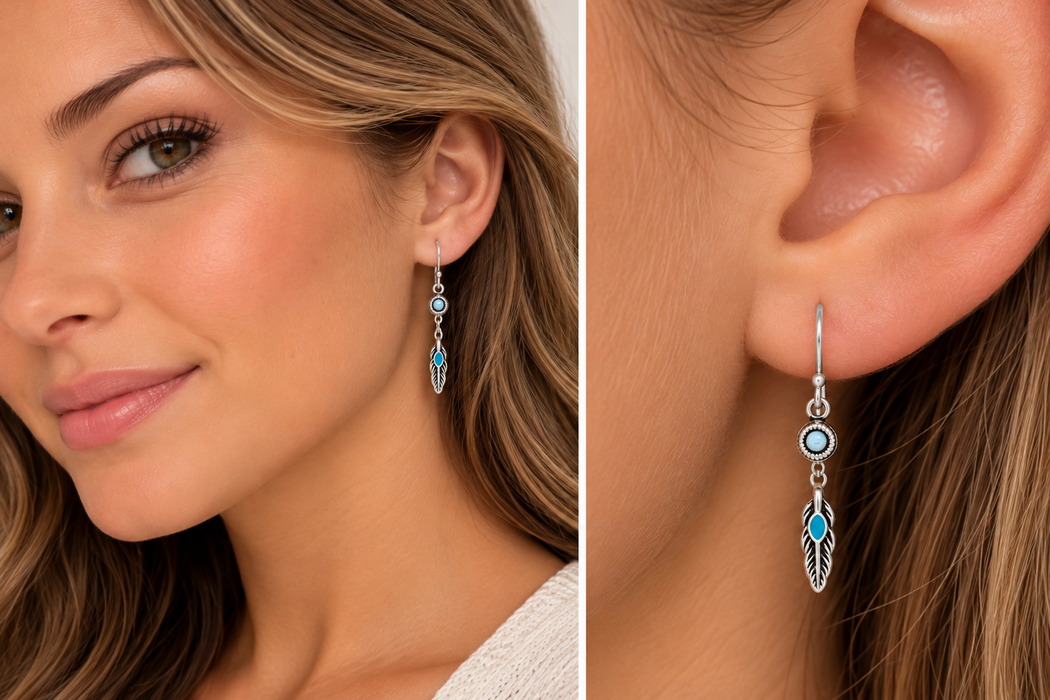 Joy|S - Zilveren veer bedel oorbellen - oorhangers - blauw opal - turquoise - geoxideerd - sterling zilver 925