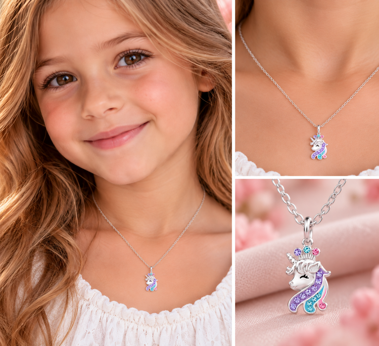 Joy|S - Zilveren eenhoorn paard hanger - kristal - unicorn - inclusief ketting 45 cm - zilver met roze paars en blauw