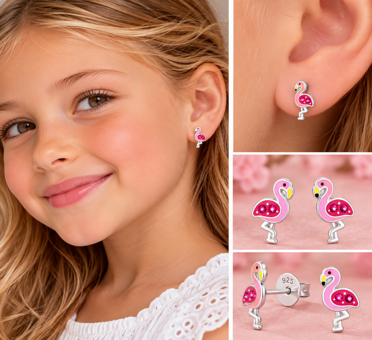 Joy|S - Zilveren flamingo oorbellen - 7 x 11.5 mm - roze - kristal - kinderoorbellen - vogel - roze flamingo oorknoppen - sterling zilver 925