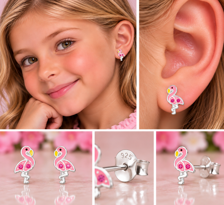 Joy|S - Zilveren flamingo oorbellen - 6 x 10.5 mm - roze - kristal - kinderoorbellen - vogel - sterling zilver 925