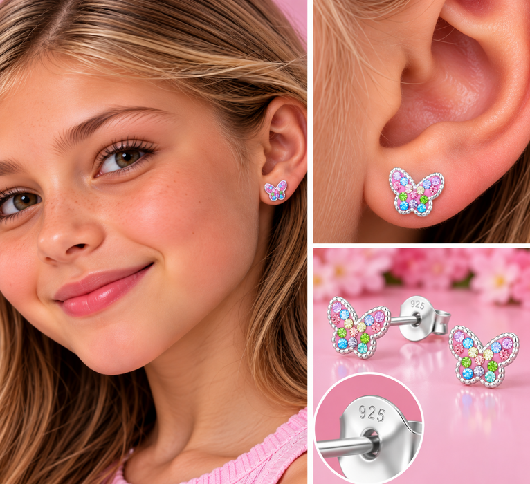 Joy|S - Zilveren vlinder oorbellen - roze met verschillende kleurtjes kristal - 9 x 7 mm - kinderoorbellen - sterling zilver 925