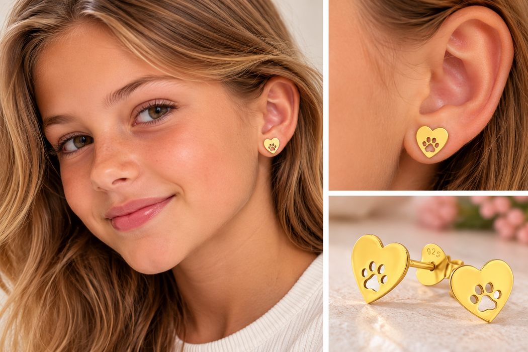 Joy|S - Zilveren hartje met dierenpoot oorbellen - 8 x 7.5 mm - zilver - poot afdruk - goudplating / goldplated