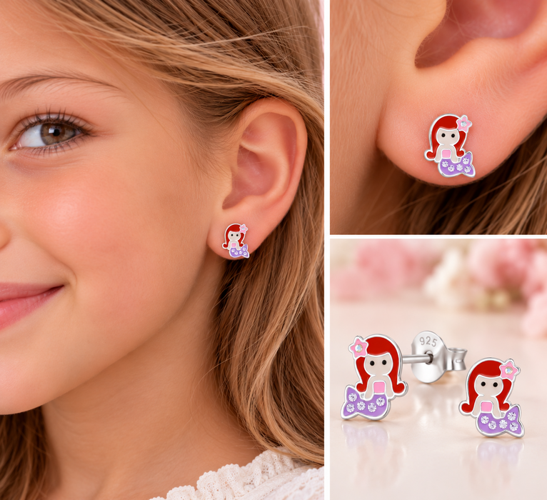 Joy|S - Zilveren zeemeermin oorbellen - 8.1 x 9.8 mm - bruin roze paars met lila kristal - kinderoorbellen