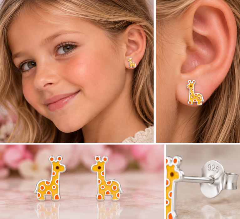 Joy|S - Zilveren giraf oorbellen - 7 x 10 mm - giraffe oorknoppen - sterling zilver 925 - kinderoorbellen