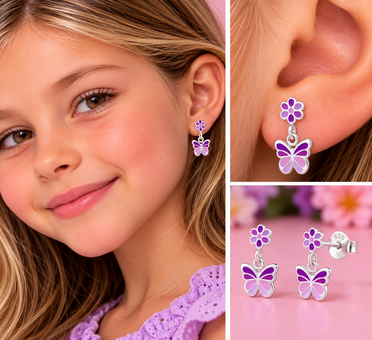 Joy|S - Zilveren bloem met vlinder bedel oorbellen - 8 x 12 mm - paars lila zilver - kinderoorbellen