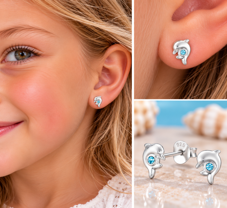 Joy|S - Zilveren dolfijn oorbellen - 5 x 7 mm - zilver met blauw kristal - kinderoorbellen