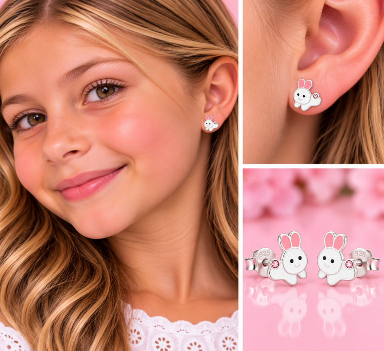 Joy|S - Zilveren konijn oorbellen - 8.1 x 8.5 mm - wit met roze oortjes - roze kristal staartje - kinderoorbellen - sterling zilver 925