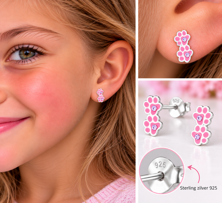 Joy|S - Zilveren kat hond dierenpootje oorbellen - roze - 8 x 10 mm - paars / lila kristal - poot afdruk - kinderoorbellen - sterling zilver 925