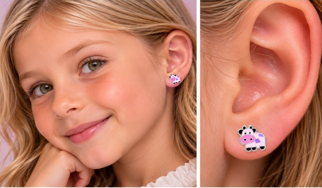 Joy|S - Zilveren koe oorbellen - 8.5 x 8 mm - roze paars - kinderoorbellen - sterling zilver 925