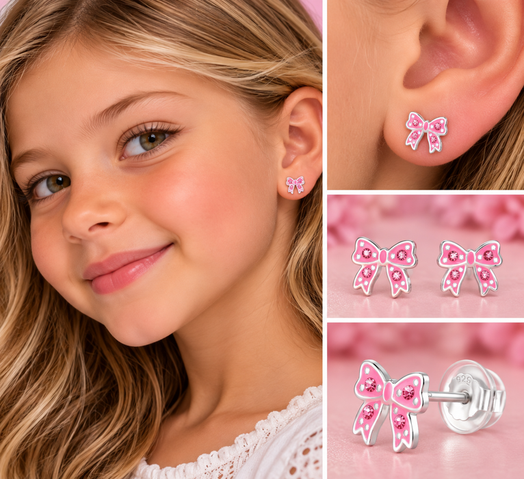 Joy|S - Zilveren strikje oorbellen - massief - zilver roze met kristal - 7.9 x 6 mm - kinderoorbellen - extra zacht sluiting (vlindersluiting met siliconen omhulsel)
