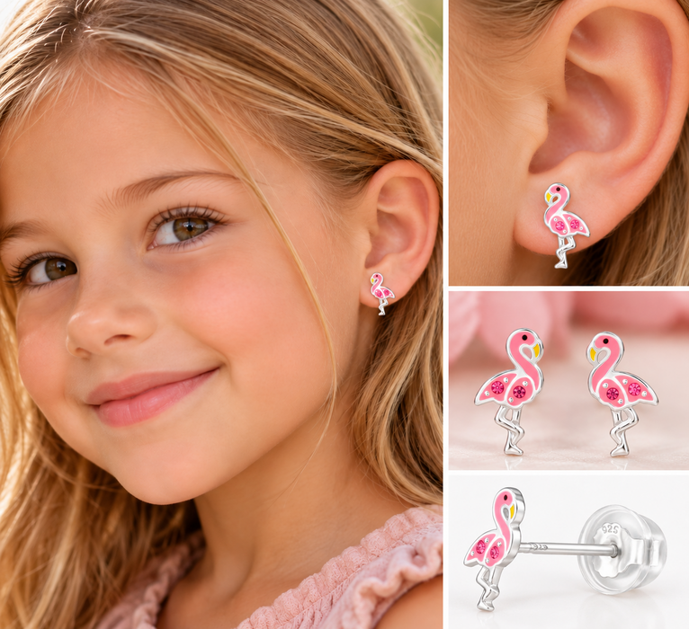 Joy|S - Zilveren flamingo oorbellen - massief - zilver roze met roze kristalletjes - vogel - 5.3 x 10.3 mm - kinderoorbellen - extra zacht sluiting (vlindersluiting met siliconen omhulsel)